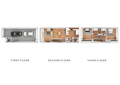 a drawing of three different floor plans with descriptions of the first floor and second floor